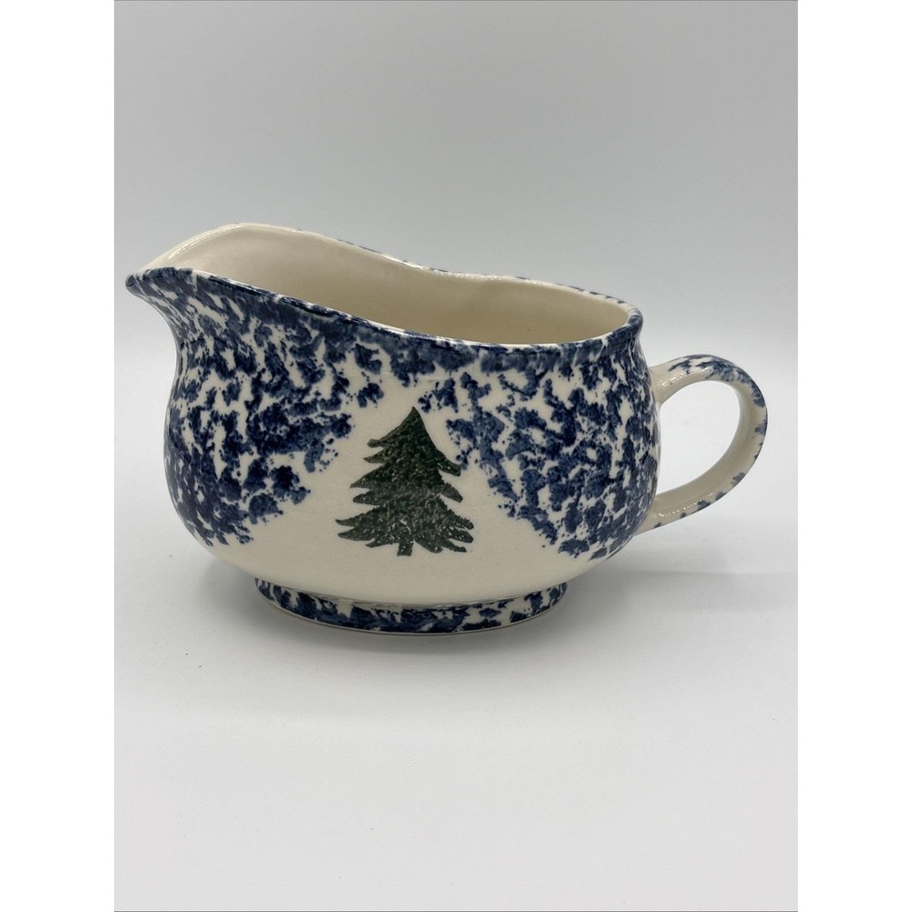 Vintage Tienshan Folk Craft Cabin in the Snow Gravy Boat Blue Spongeware Ceramic